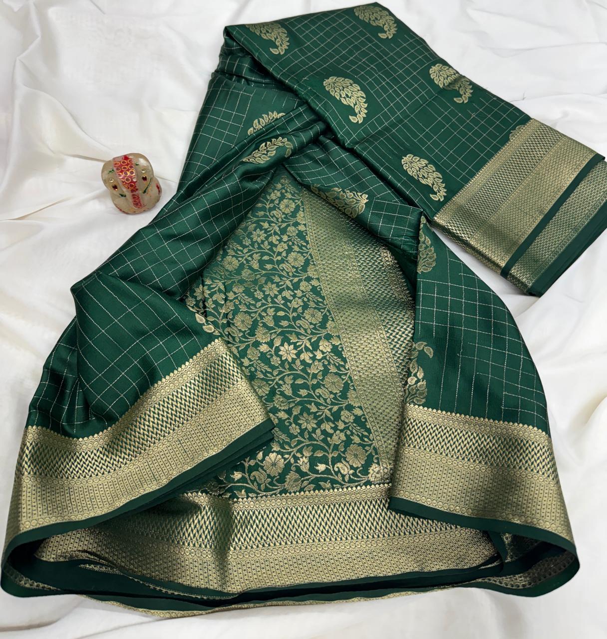 Emerald Green Pure Premium Mysore Crepe Mango Checks Saree with Bentex Zari Border